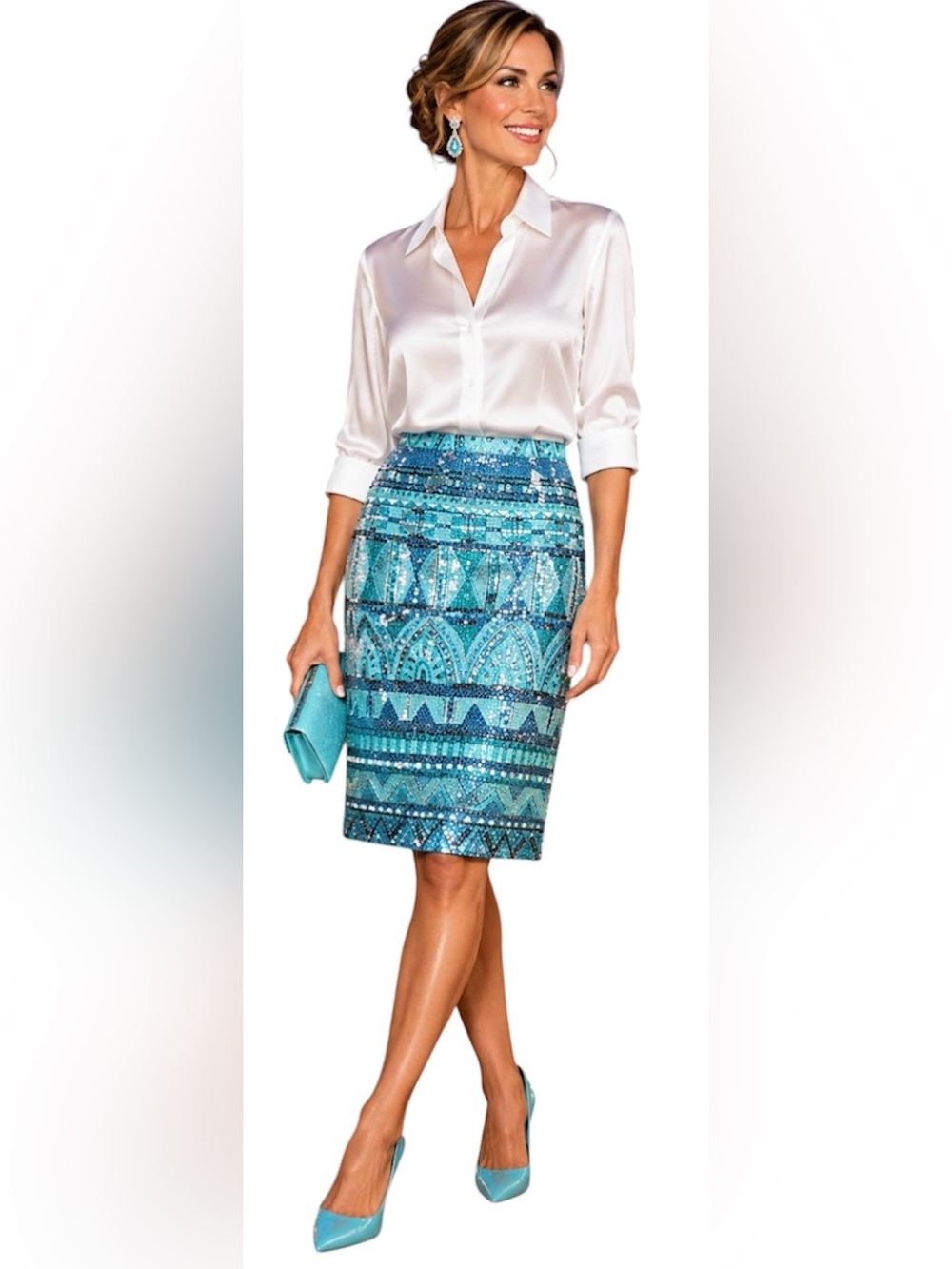ETCETERA Blue Sequins Art Deco Festival Glam Luxury Pencil Skirt Size 6 Small